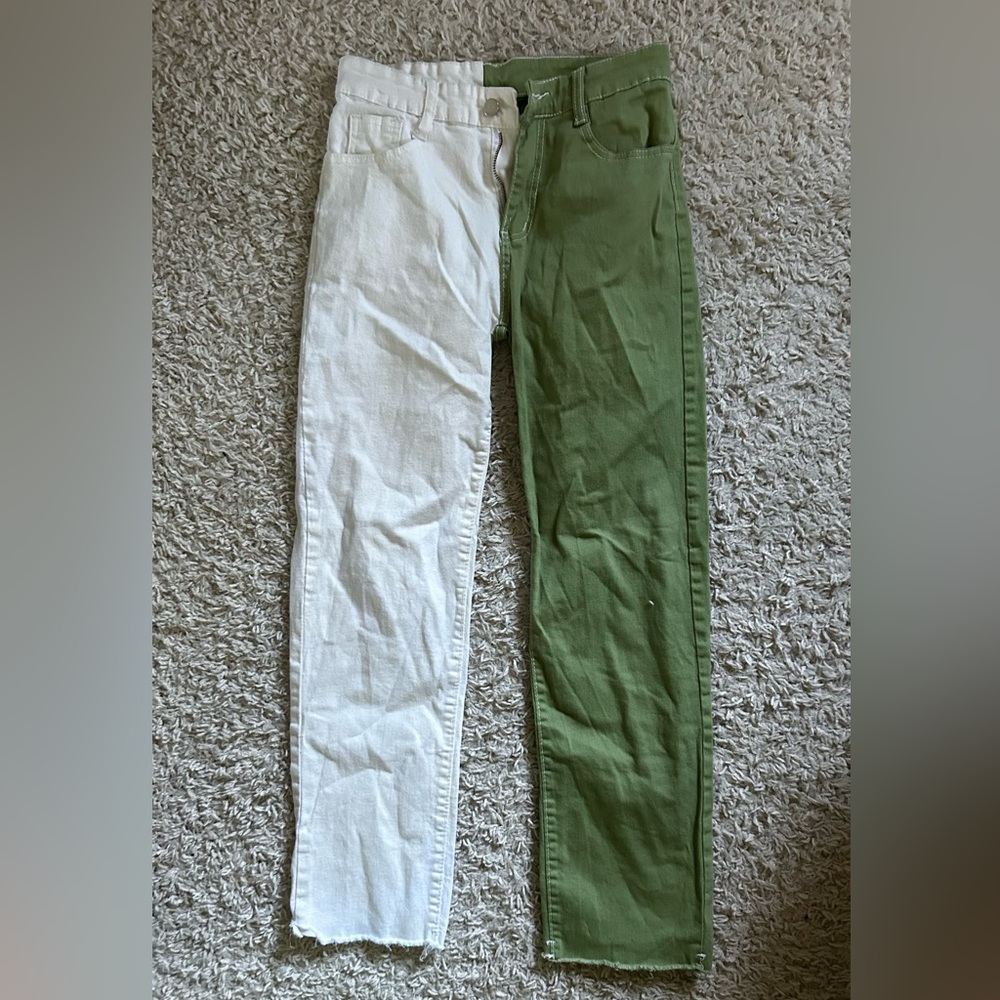 green and white jean pants